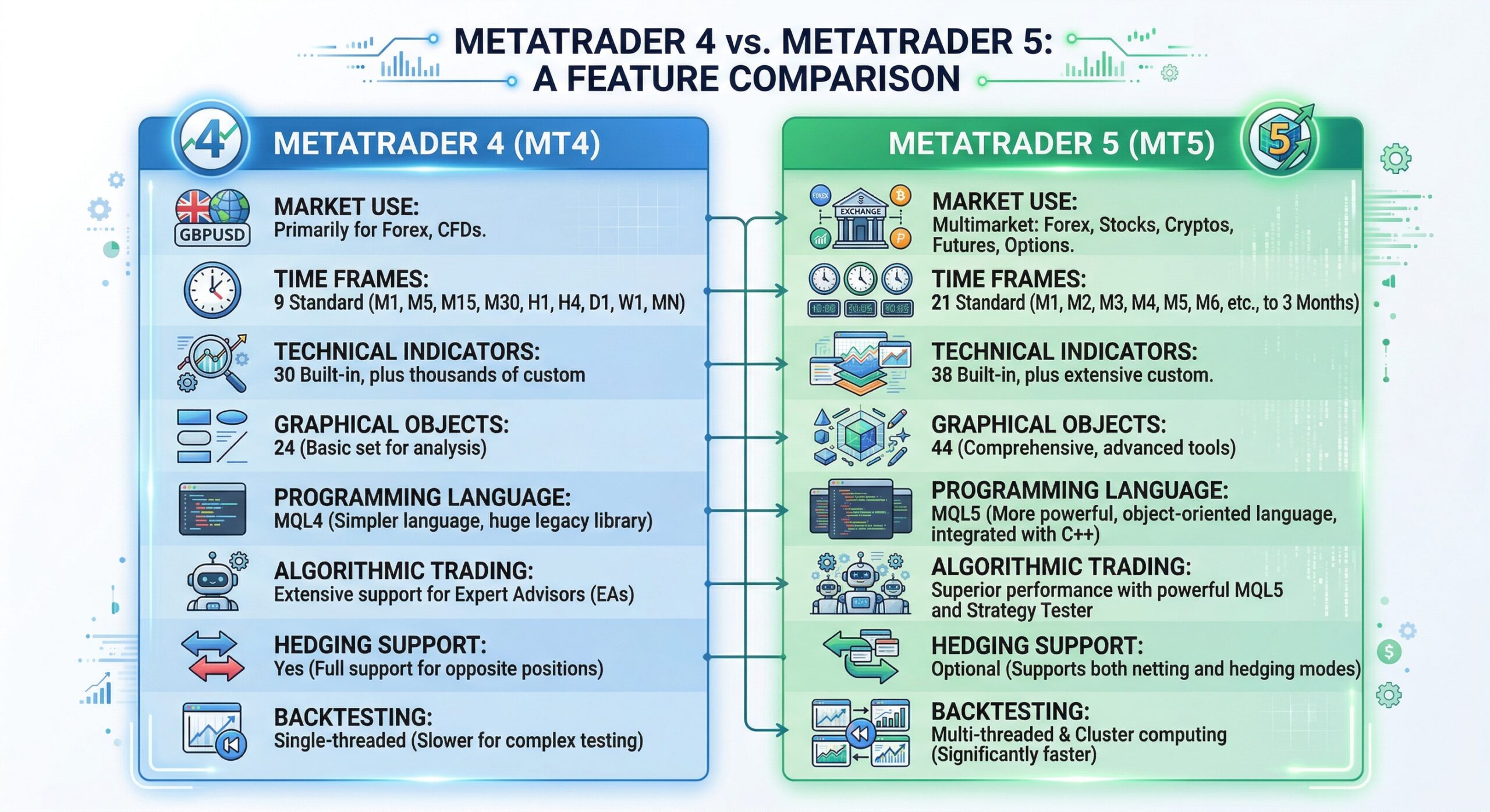 MT4 vs MT5 indicators feature comparison table