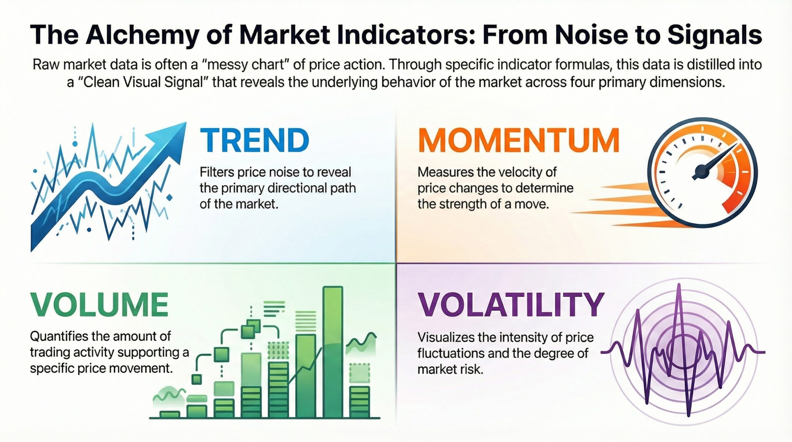 The 4 categories of MT4 indicators — trend, momentum, volume, volatility