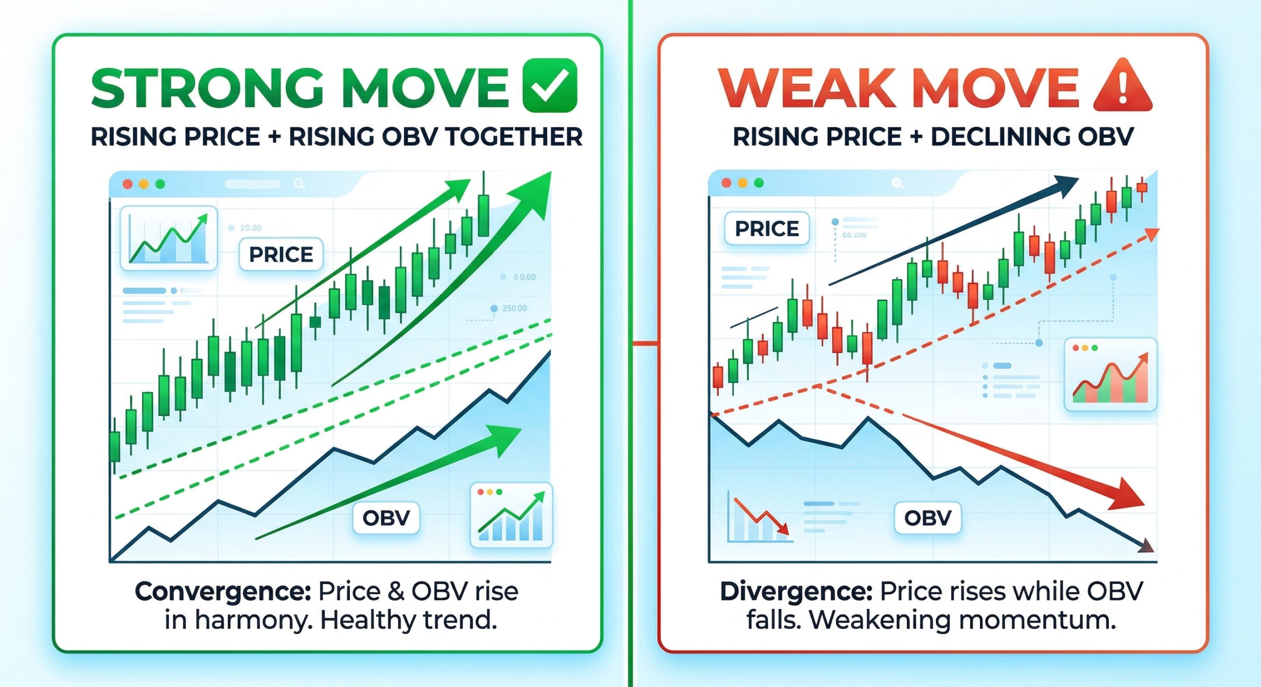 Volume indicator confirms or diverges from price trend